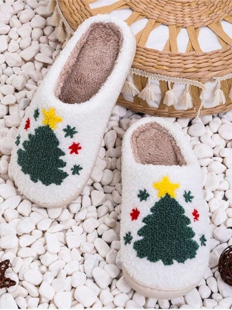 Christmas Style Pattern Fuzzy Slippers For Women And Men, Winter Warm Closed Toe Flat Floor Shoes, Cozy Soft Sole Home Slippers - Image 2