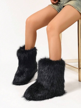 Women's Furry Faux Fur Boots Fuzzy Fluffy Mid Calf Snow Boots Suede Warm Fur Lined Booties Flat Fashion Boots Black Winter Boots For Women - Image 2