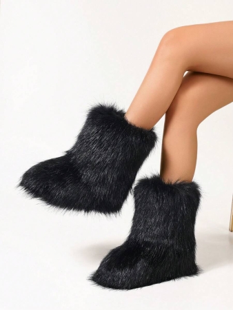 Women's Furry Faux Fur Boots Fuzzy Fluffy Mid Calf Snow Boots Suede Warm Fur Lined Booties Flat Fashion Boots Black Winter Boots For Women - Image 3