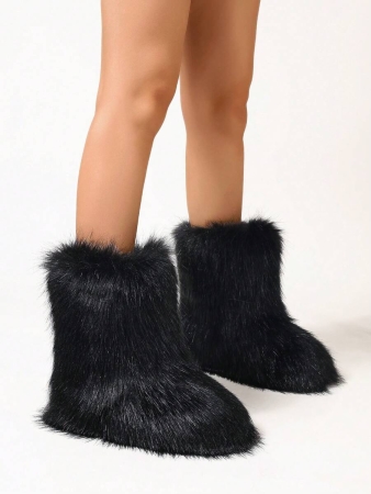 Women's Furry Faux Fur Boots Fuzzy Fluffy Mid Calf Snow Boots Suede Warm Fur Lined Booties Flat Fashion Boots Black Winter Boots For Women - Image 4