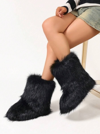 Women's Furry Faux Fur Boots Fuzzy Fluffy Mid Calf Snow Boots Suede Warm Fur Lined Booties Flat Fashion Boots Black Winter Boots For Women - Image 6