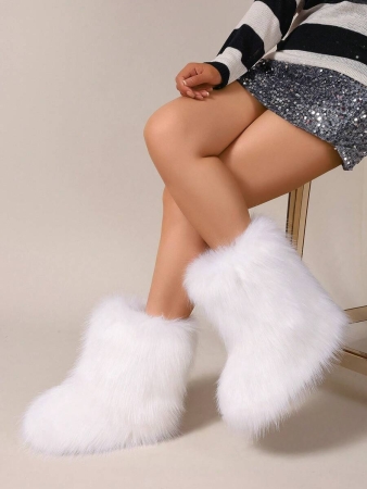 Women's Furry Faux Fur Boots Fuzzy Fluffy Mid Calf Snow Boots Suede Warm Fur Lined Booties Flat Fashion Boots Black Winter Boots For Women - Image 19