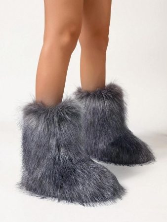 Women's Furry Faux Fur Boots Fuzzy Fluffy Mid Calf Snow Boots Suede Warm Fur Lined Booties Flat Fashion Boots Black Winter Boots For Women - Image 49