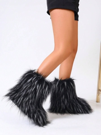 Women's Furry Faux Fur Boots Fuzzy Fluffy Mid Calf Snow Boots Suede Warm Fur Lined Booties Flat Fashion Boots Black Winter Boots For Women - Image 56