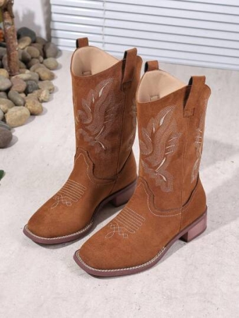Women's Chunky Heel Suede Fabric Slip-On Embroidery Brown Western Ankle Boots, Flat Square Toe Mid-Calf Riding Boots, Fashion & Versatile, New Autumn/Winter Short Cowboy Boots