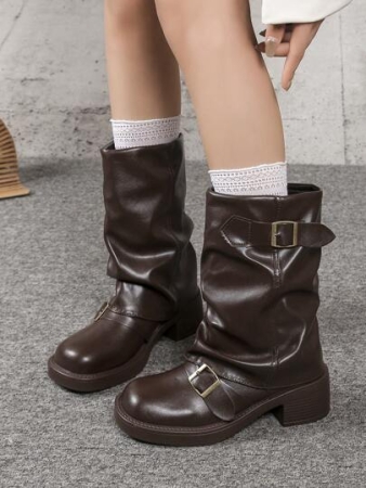Women's Black Fashion Boots, New Buckle Design, Niche European And American Style, Chunky Heel, Thick Platform, Lightweight, Western Wrinkle Boots, Vintage Motorcycle Boots, Slim Figure, Fall/Winter New Arrival, Brown Color
