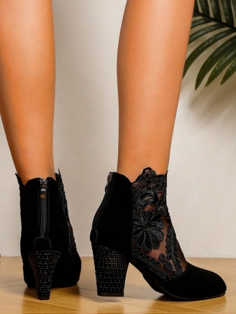 SDEMIN Early Autumn And Winter Daily Wear, Date Travel, Ladies' Elegant, Floral Print Lace Ankle Boots, Back Zipper Square High Heels, Round Toe Boots, And Fashionable Pointed Black Mesh Breathable High Heels - Image 6