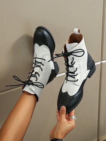 Fall/Winter Women's Fashion Vintage Marc Engraved Patchwork Tie Up Comfortable Ankle Booties, Perfect Match For Christmas, Holidays Must-Have