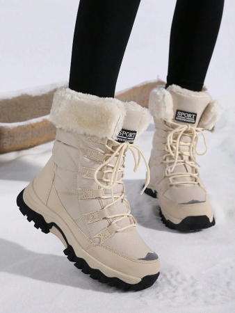 New Plus Size Fall Anti-Slip Warm Thick Winter Boots, Women Outdoor Hiking Snow Boots, Fashion Lace-Up Casual Beige Snow Boots For Winter, Outdoor Couples Travel Snow Boots, Ankle Height Skiing Boots Shoes,Fur Boots - Image 2