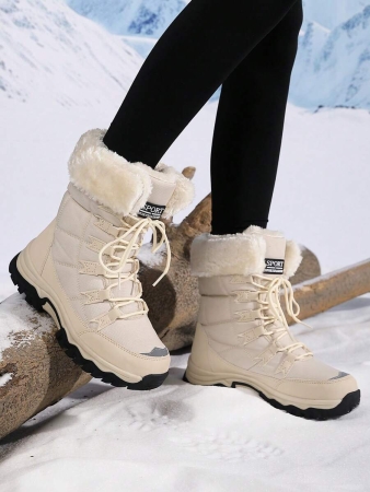 New Plus Size Fall Anti-Slip Warm Thick Winter Boots, Women Outdoor Hiking Snow Boots, Fashion Lace-Up Casual Beige Snow Boots For Winter, Outdoor Couples Travel Snow Boots, Ankle Height Skiing Boots Shoes,Fur Boots - Image 5