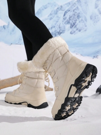 New Plus Size Fall Anti-Slip Warm Thick Winter Boots, Women Outdoor Hiking Snow Boots, Fashion Lace-Up Casual Beige Snow Boots For Winter, Outdoor Couples Travel Snow Boots, Ankle Height Skiing Boots Shoes,Fur Boots - Image 6