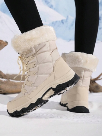New Plus Size Fall Anti-Slip Warm Thick Winter Boots, Women Outdoor Hiking Snow Boots, Fashion Lace-Up Casual Beige Snow Boots For Winter, Outdoor Couples Travel Snow Boots, Ankle Height Skiing Boots Shoes,Fur Boots - Image 7