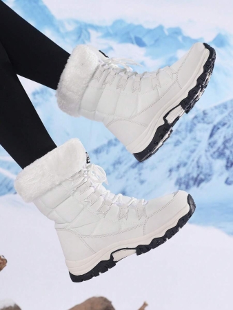 New Plus Size Fall Anti-Slip Warm Thick Winter Boots, Women Outdoor Hiking Snow Boots, Fashion Lace-Up Casual Beige Snow Boots For Winter, Outdoor Couples Travel Snow Boots, Ankle Height Skiing Boots Shoes,Fur Boots - Image 11