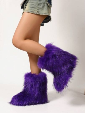 Women's Faux Fur Boot Furry Fluffy Round Toe Suede Winter Comfy Plush Warm Short Outdoor Indoor Flat Shoes Mid-Calf Boots Fashion Boots