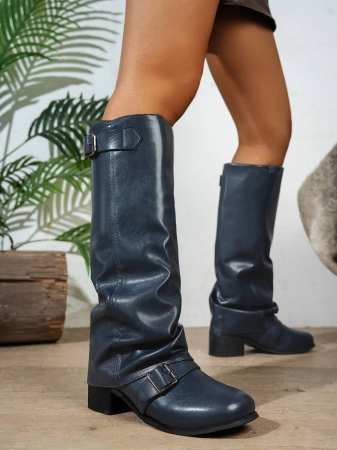 Fall/Winter 2025 Women's Fashion Black Pleated Low Heel Casual Leather Long Boots,Y2k Shoes - Image 4