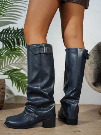 Fall/Winter 2025 Women's Fashion Black Pleated Low Heel Casual Leather Long Boots,Y2k Shoes - Image 5