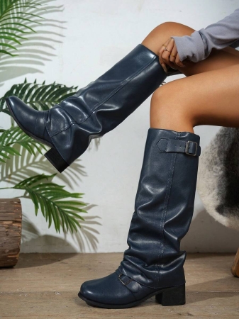 Fall/Winter 2025 Women's Fashion Black Pleated Low Heel Casual Leather Long Boots,Y2k Shoes - Image 6