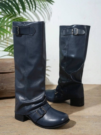 Fall/Winter 2025 Women's Fashion Black Pleated Low Heel Casual Leather Long Boots,Y2k Shoes - Image 7