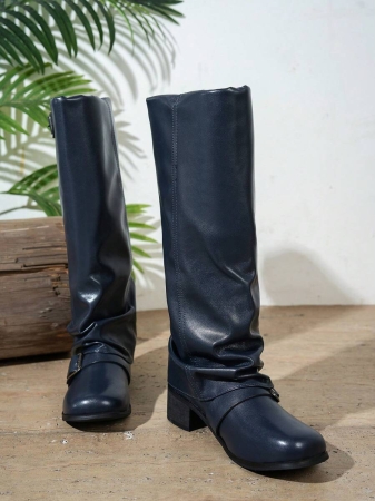 Fall/Winter 2025 Women's Fashion Black Pleated Low Heel Casual Leather Long Boots,Y2k Shoes - Image 8