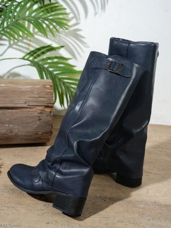 Fall/Winter 2025 Women's Fashion Black Pleated Low Heel Casual Leather Long Boots,Y2k Shoes - Image 9