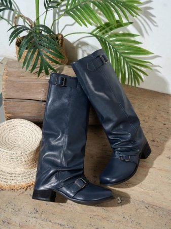 Fall/Winter 2025 Women's Fashion Black Pleated Low Heel Casual Leather Long Boots,Y2k Shoes - Image 10