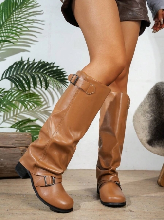 Fall/Winter 2025 Women's Fashion Black Pleated Low Heel Casual Leather Long Boots,Y2k Shoes - Image 11