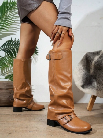 Fall/Winter 2025 Women's Fashion Black Pleated Low Heel Casual Leather Long Boots,Y2k Shoes - Image 14