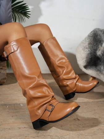 Fall/Winter 2025 Women's Fashion Black Pleated Low Heel Casual Leather Long Boots,Y2k Shoes - Image 15