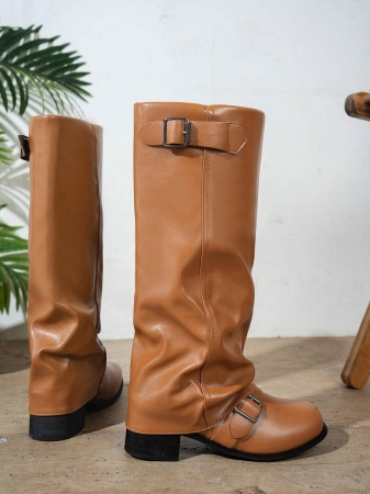 Fall/Winter 2025 Women's Fashion Black Pleated Low Heel Casual Leather Long Boots,Y2k Shoes - Image 17