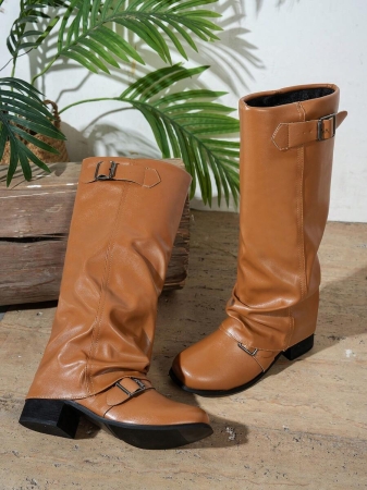 Fall/Winter 2025 Women's Fashion Black Pleated Low Heel Casual Leather Long Boots,Y2k Shoes - Image 19