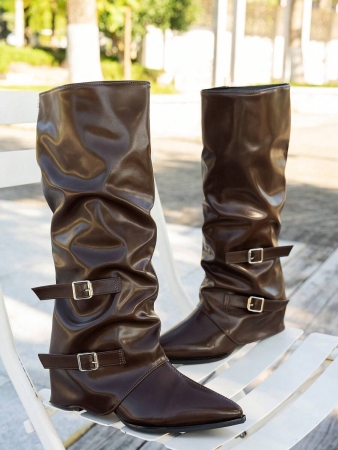 Fall/Winter 2025 Women's Fashion Black Pleated Low Heel Casual Leather Long Boots,Y2k Shoes - Image 29