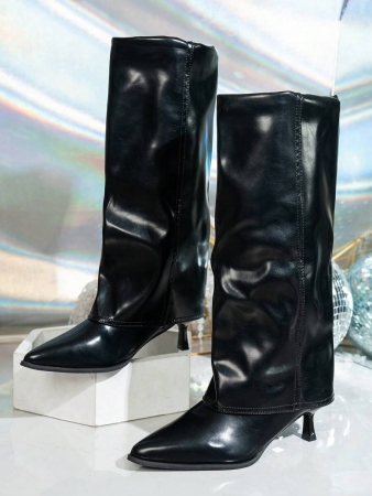 Fall/Winter 2025 Women's Fashion Black Pleated Low Heel Casual Leather Long Boots,Y2k Shoes - Image 34
