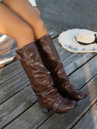 Fall/Winter 2025 Women's Fashion Black Pleated Low Heel Casual Leather Long Boots,Y2k Shoes - Image 38