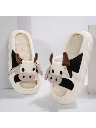 Women's Thick Bottom Slippers - Linen Fabric With Adorable Cow Print