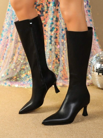 Women's Fashionable Chocolate Brown Pointed Toe Stiletto Knee High Boots, Simple And Versatile Warm Women's Boots - Image 5