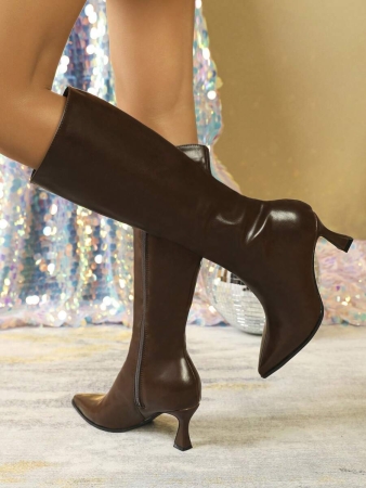 Women's Fashionable Chocolate Brown Pointed Toe Stiletto Knee High Boots, Simple And Versatile Warm Women's Boots - Image 11