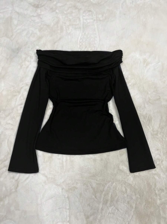 Casual Solid Color Off Shoulder Long Sleeve Top - Image 3