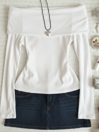Casual Solid Color Off Shoulder Long Sleeve Top - Image 6