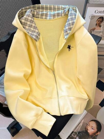 EMERY ROSE Fashionable Casual Style Long Sleeve Plaid Collar Zipper Letter Print Hoodie For Women Fall Cloth For Women, Christmas