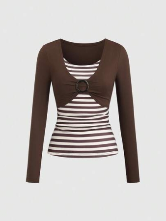 Sweetra Women's Brown Striped Y2K Baddie 2000s Style Retro Back To School Buckle Decor Fitted Comfortable Long Sleeve Crew Neck T-Shirt Fall Cloth For Women