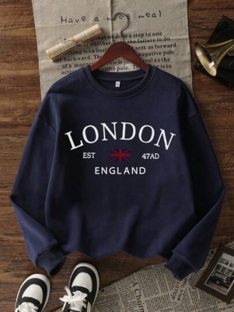 Women's Casual Crew Neck Sweatshirt With Stylish Color Blocking And English Graphic Print, Versatile For Daily Wear, Autumn/Winter