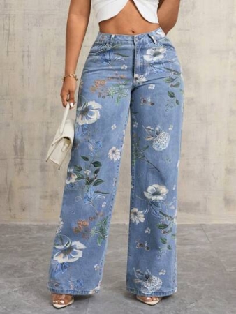 Floral Print Women's Pocket Wide Leg Loose Casual Jeans