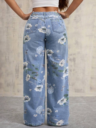 Floral Print Women's Pocket Wide Leg Loose Casual Jeans - Image 3