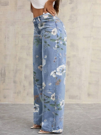 Floral Print Women's Pocket Wide Leg Loose Casual Jeans - Image 6