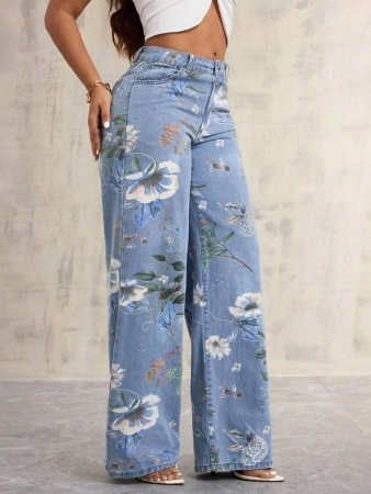 Floral Print Women's Pocket Wide Leg Loose Casual Jeans - Image 7