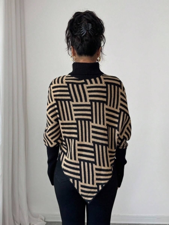 Elenzga Women's Elegant High Neck Geometric Textured Poncho Sweater, Colorblock, Suitable For Home & Travel, Spring/Autumn - Image 3