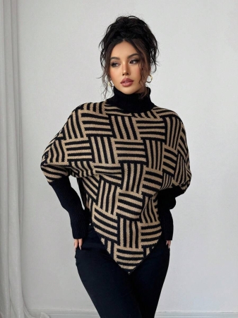Elenzga Women's Elegant High Neck Geometric Textured Poncho Sweater, Colorblock, Suitable For Home & Travel, Spring/Autumn - Image 4
