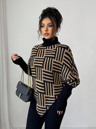 Elenzga Women's Elegant High Neck Geometric Textured Poncho Sweater, Colorblock, Suitable For Home & Travel, Spring/Autumn - Image 6