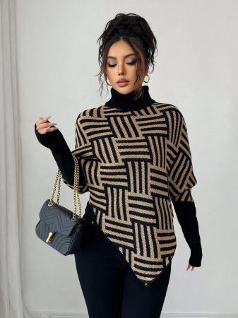 Elenzga Women's Elegant High Neck Geometric Textured Poncho Sweater, Colorblock, Suitable For Home & Travel, Spring/Autumn - Image 7