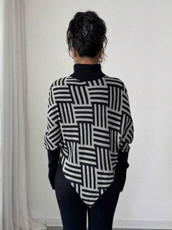 Elenzga Women's Elegant High Neck Geometric Textured Poncho Sweater, Colorblock, Suitable For Home & Travel, Spring/Autumn - Image 9